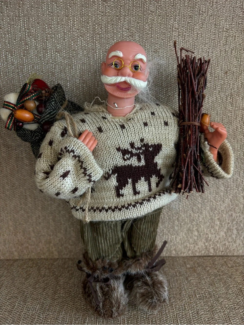 Nordic Old Man Santa Claus Doll Reindeer Knit Sweater Twig Bundle Rustic Holiday